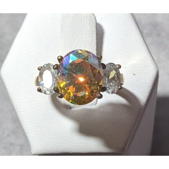 Brilliant Three Stone Sterling Silver Gold Tone Plated Engagement Ring Size 7 - Picture 10 of 16